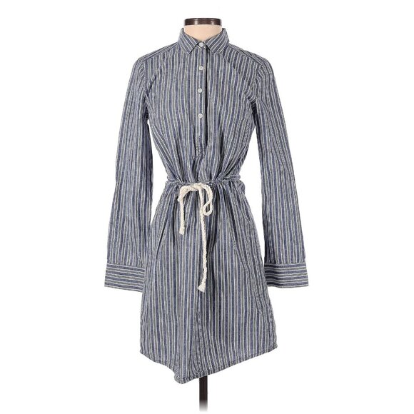 Tommy Hilfiger Denim Chambray White Striped Roll Tab Sleeve Belted Shirt Dress S - Picture 1 of 6
